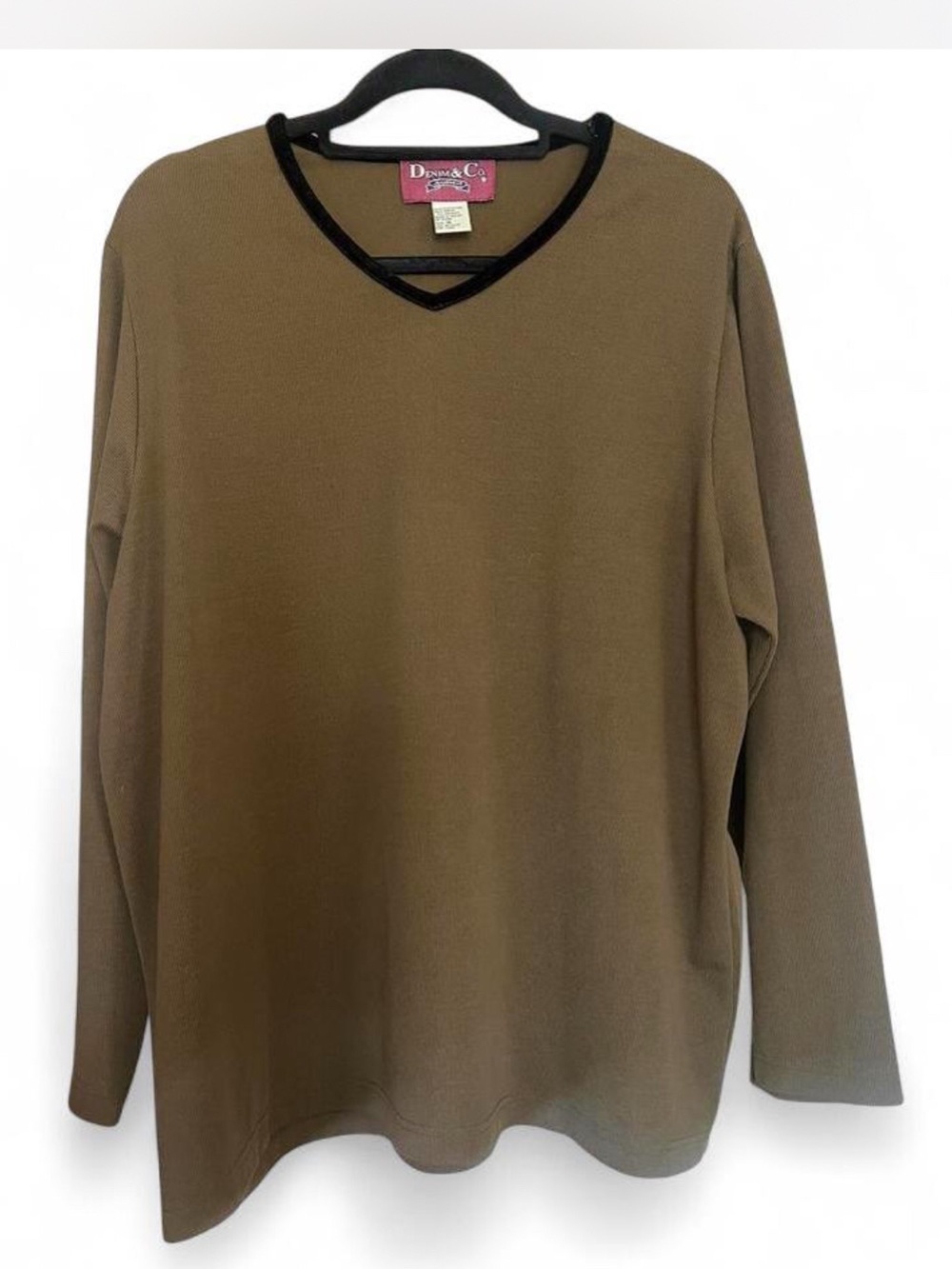 Denim&Co Olive Green Long Sleeve V-Neck Top with Black Trim -Vtg-Sz 1X